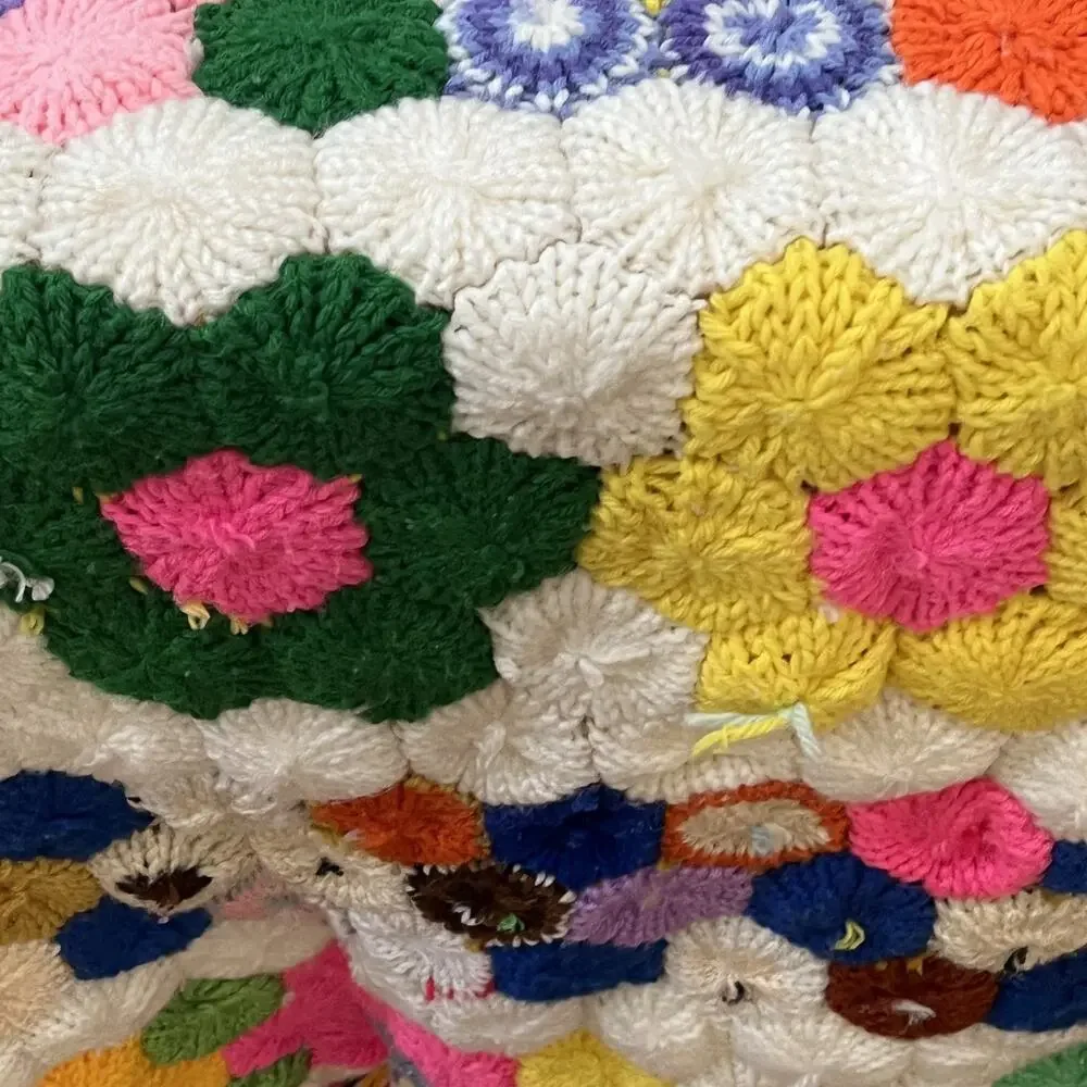 Vintage Grandmother's Flower Garden Crochet Afghan Blanket 79” x 84” Thick